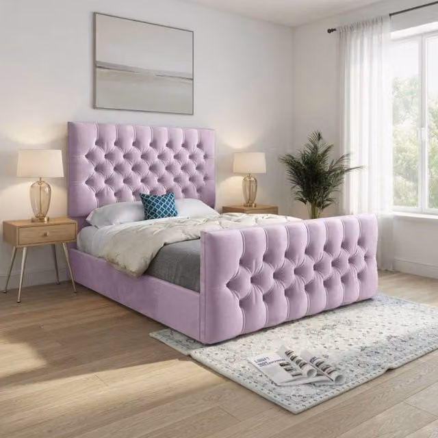 KDMD Shawford Small Double Upholstered Designer Bed Frame in Pink Soft Velvet