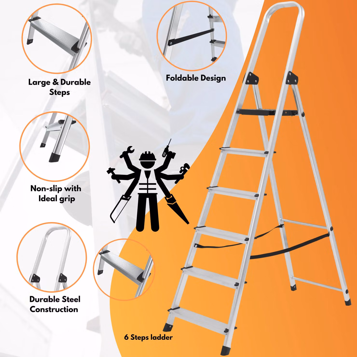 Novecrafto Lightweight 6-Step Aluminium Stepladder in Silver, 181 cm – 2