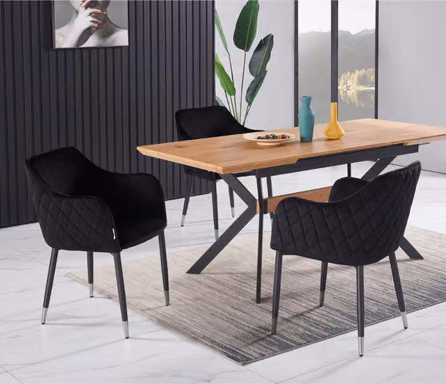 Life Interiors Verona Blaze LUX Dining Set with Extendable Oak Table and 4 Black Velvet Chairs
