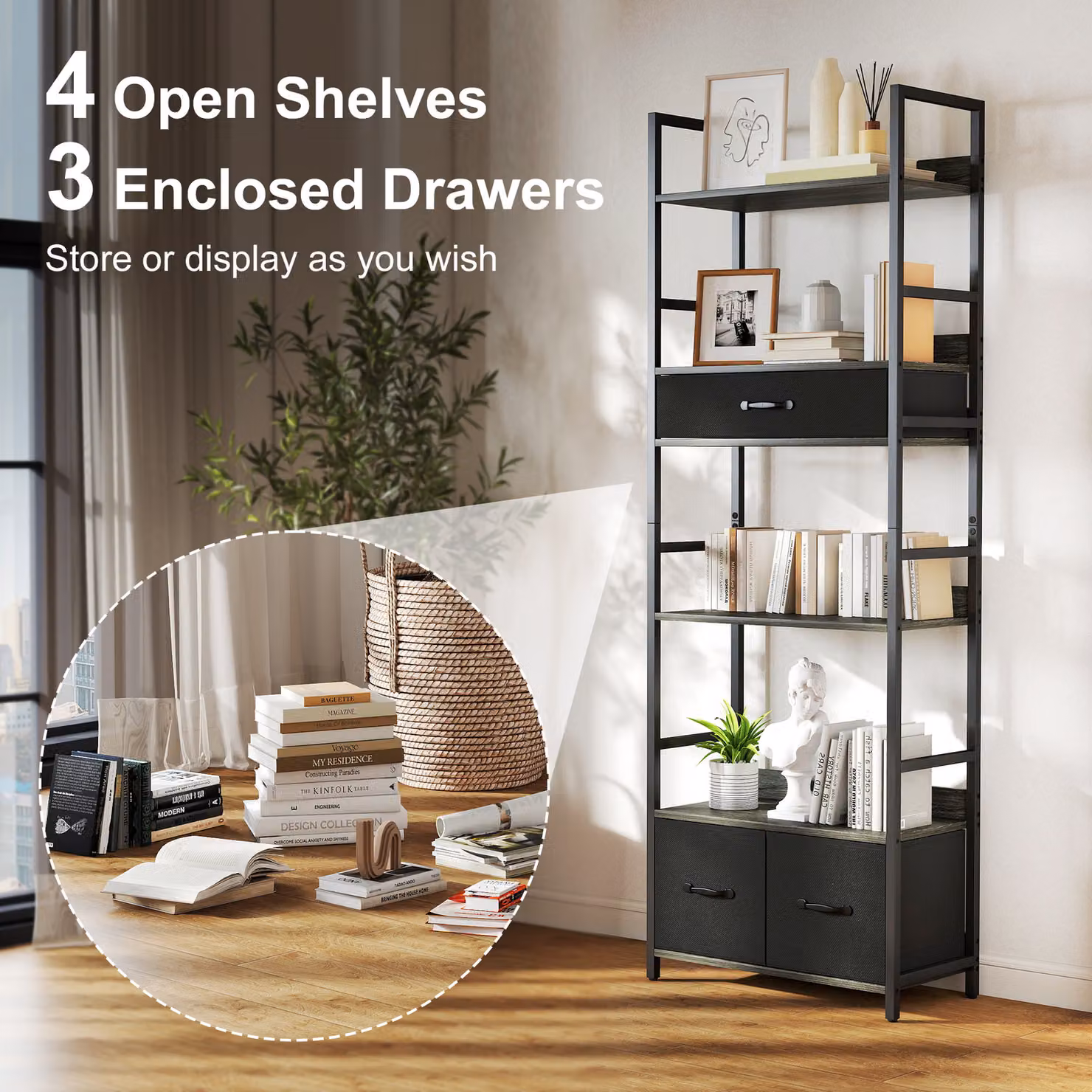 HOMCOM Industrial 6-Tier Tall Bookcase with 3 Fabric Drawers in Grey and Black – 4