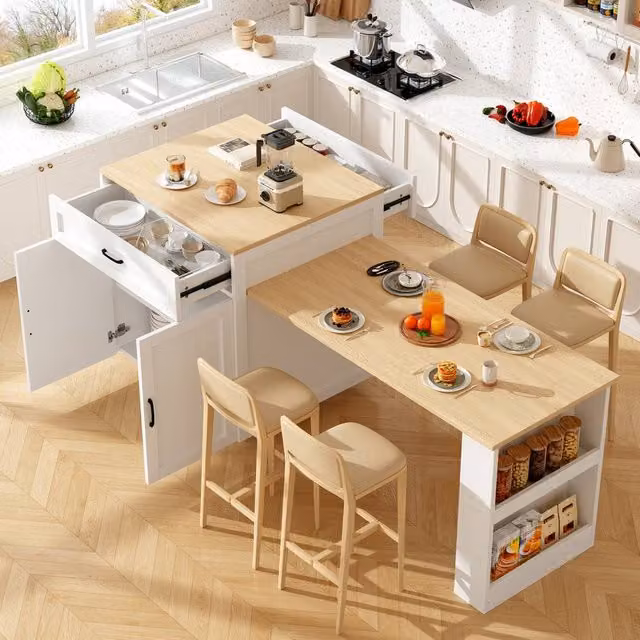 Rolipo Extendable Bar Table and Kitchen Island with Storage in White – 1