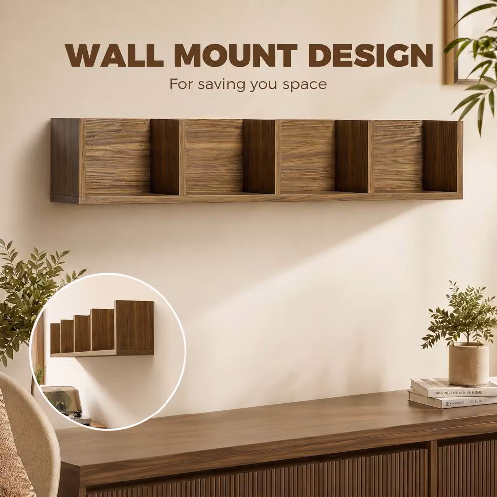 STILVORA Wall-Mounted CD Shelf with 4 Compartments in Brown – 6
