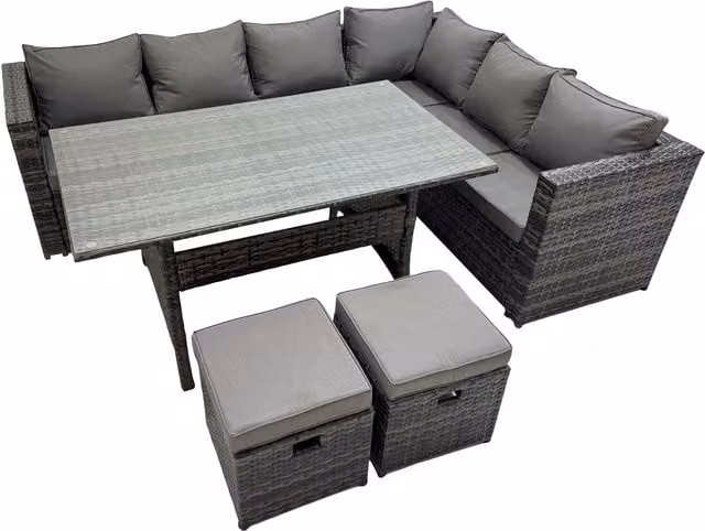 Fimous 8-Seater Rattan Garden Furniture Set with Dining Table and 2 Footstools in Dark Grey Mixed