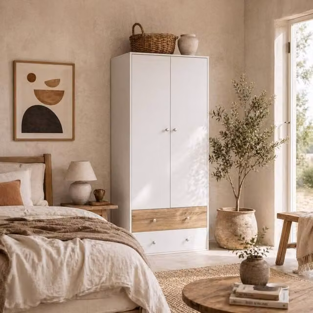 Wyld Haus Coralia 2 Door Wardrobe in White and Oak with Hanging Rail and 2 Internal Drawers, H 180 x W 80 x D 50 cm