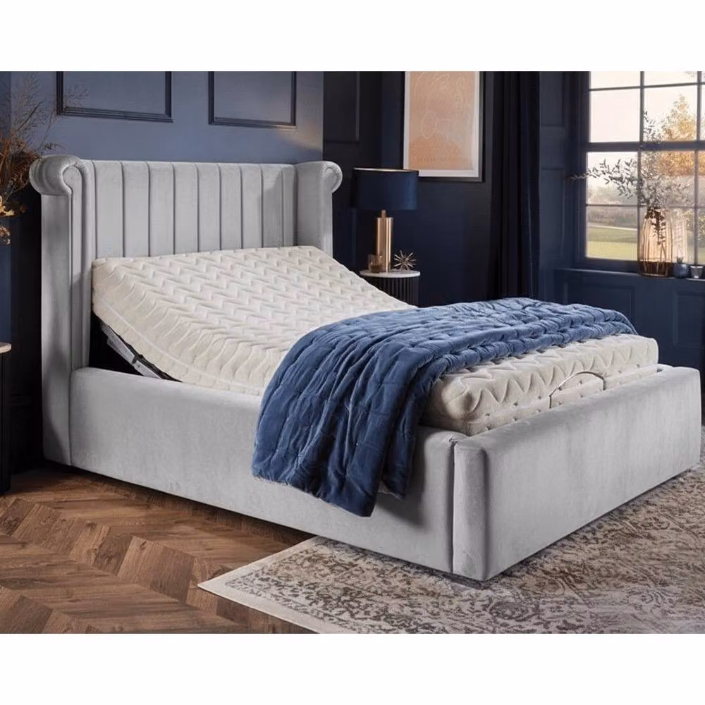 Paradise Beds Ltd Majestic Electric Adjustable Super King Bed with Spring Mattress and Geometric Upholstered Headboard in Silver, W/D/H: 200 x 200 cm – 2