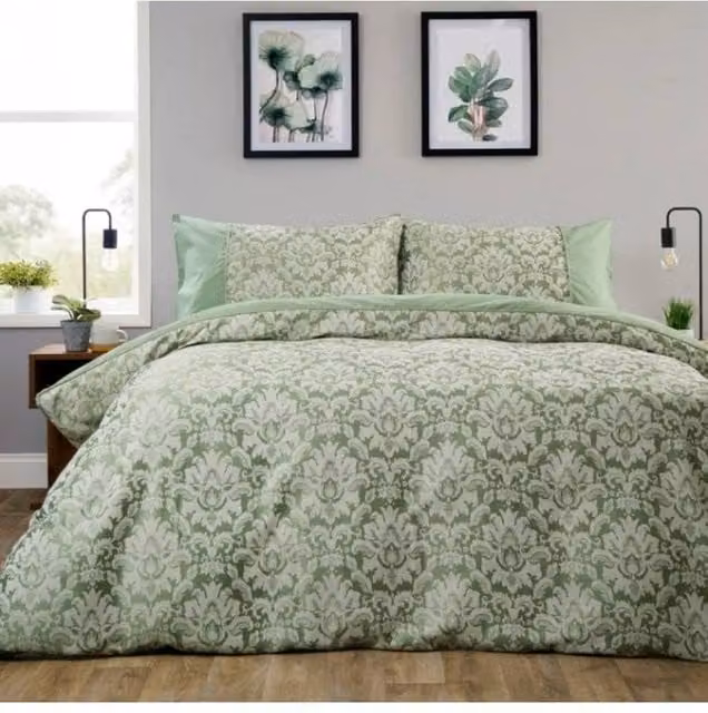 New Edge Blinds Savoy Jacquard Duvet Cover Set in Sage Green, Floral Design, 180 x 200 cm – 1