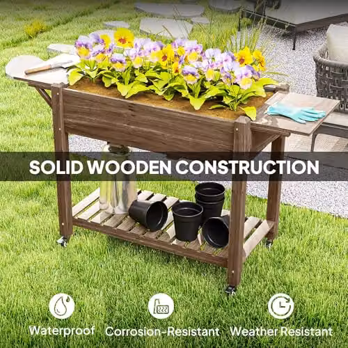 Outsunny Carbonised Wooden Raised Garden Bed with Lockable Wheels in Brown – 6