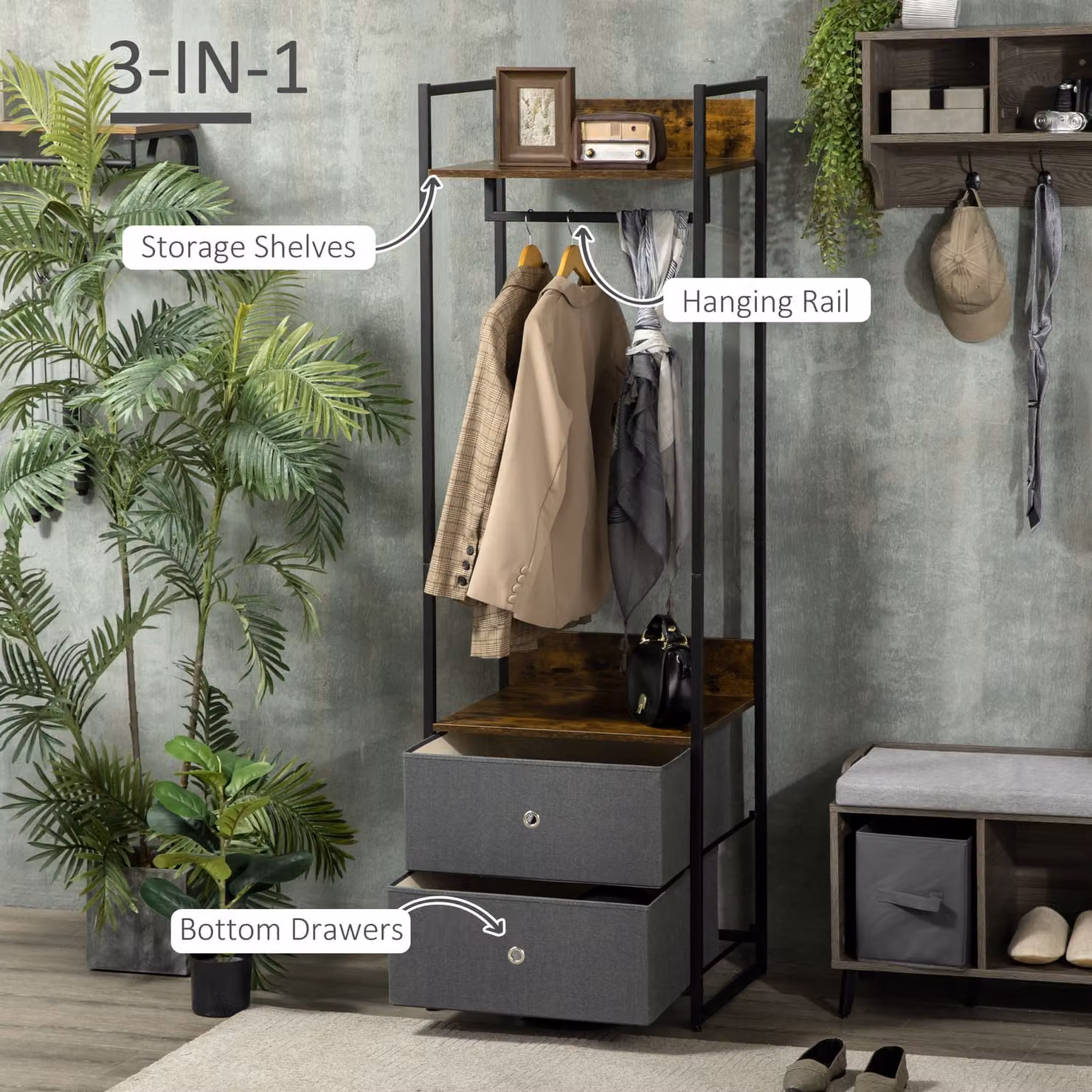 HOMCOM Metal Clothes Rail and Coat Stand with 2 Fabric Drawers in Rustic Brown and Grey – 4