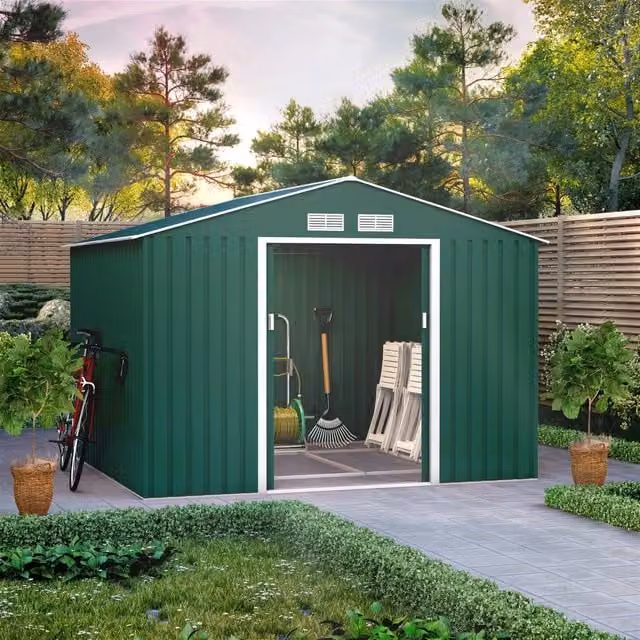 BillyOh Ranger Apex Metal Gable Shed with Foundation Kit and Sliding Doors in Green, W: 202 cm, H: 245 cm