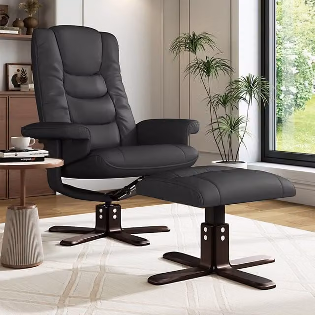 Livingandhome Black Faux Leather Swivel Recliner Chair with Armrests and Matching Footstool