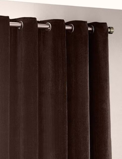 YARD Dark Brown Chenille Velvet Eyelet Curtains, Opaque, W: 137 cm, H: 117 cm