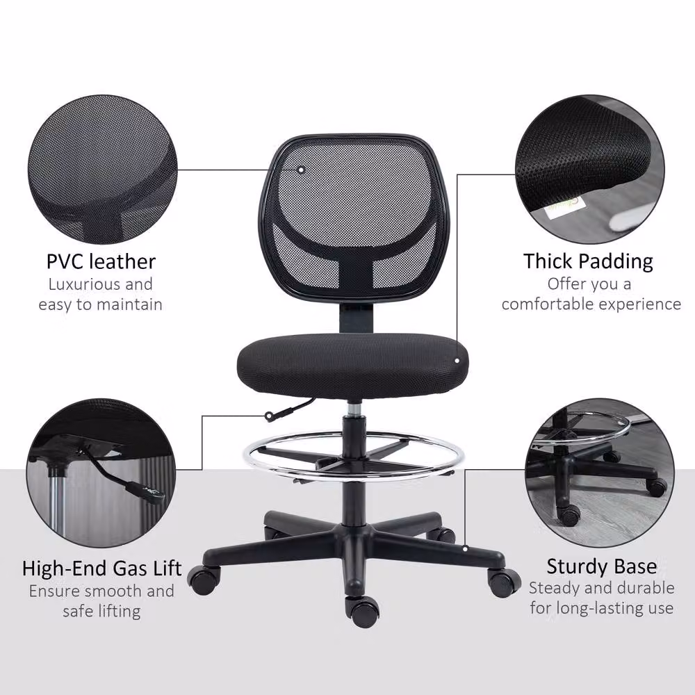STILVORA Black Fabric Draughtsman Chair with Adjustable Footring and Swivel Function, W/D/H: 50 x 59 x 120 cm – 5