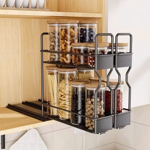 EONLION 2 Tier Pull Out Metal Spice Rack Freestanding Kitchen Cabinet Storage in Black, Width: 100 cm