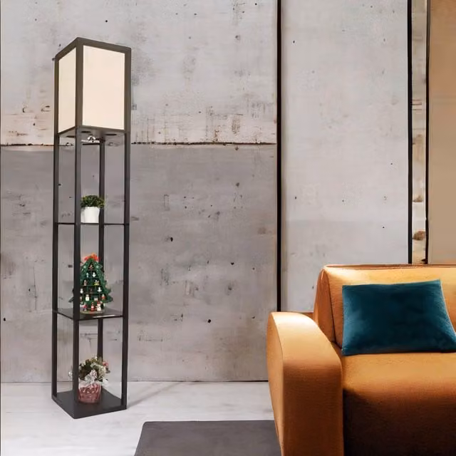 FURNOS Modern Floor Lamp with 3 Shelves in Black, H 160 x W 26 x D 26 cm