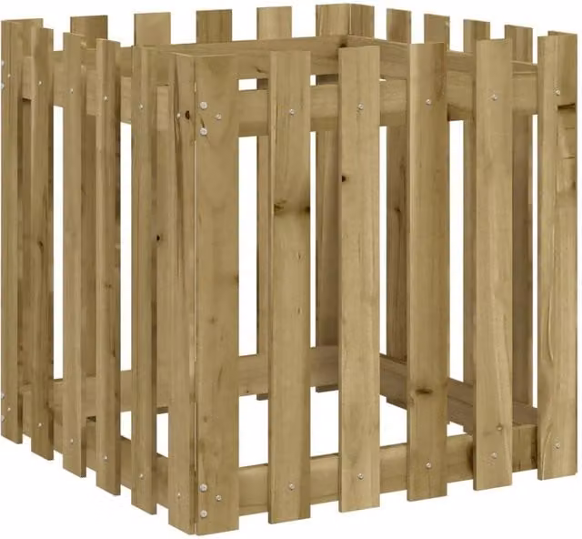 Berkfield Home Garden Planter with Fence Design in Brown, Impregnated Pine Wood, W/D/H: 60 x 60 x 60 cm – 1