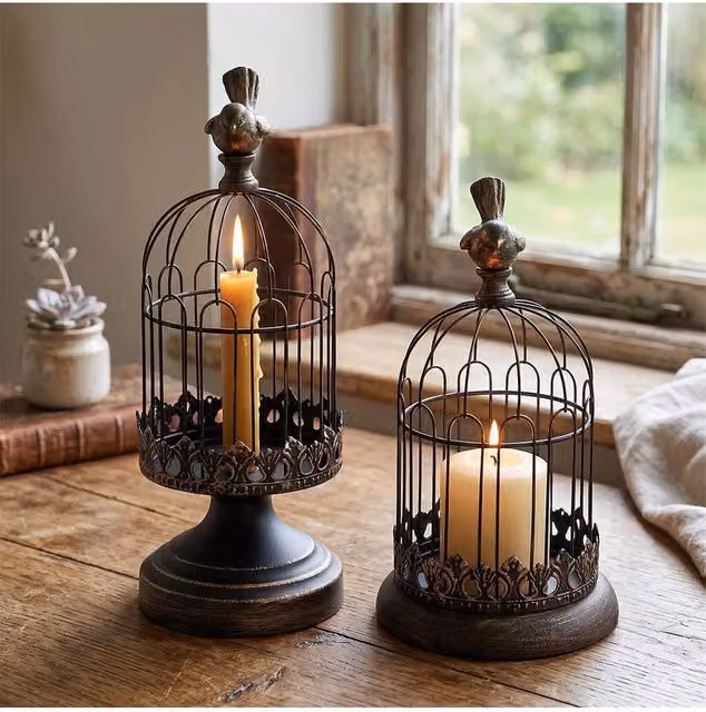 Living and Home Set of 2 Vintage-Style Metal Birdcage Candle Holders in Black – 1