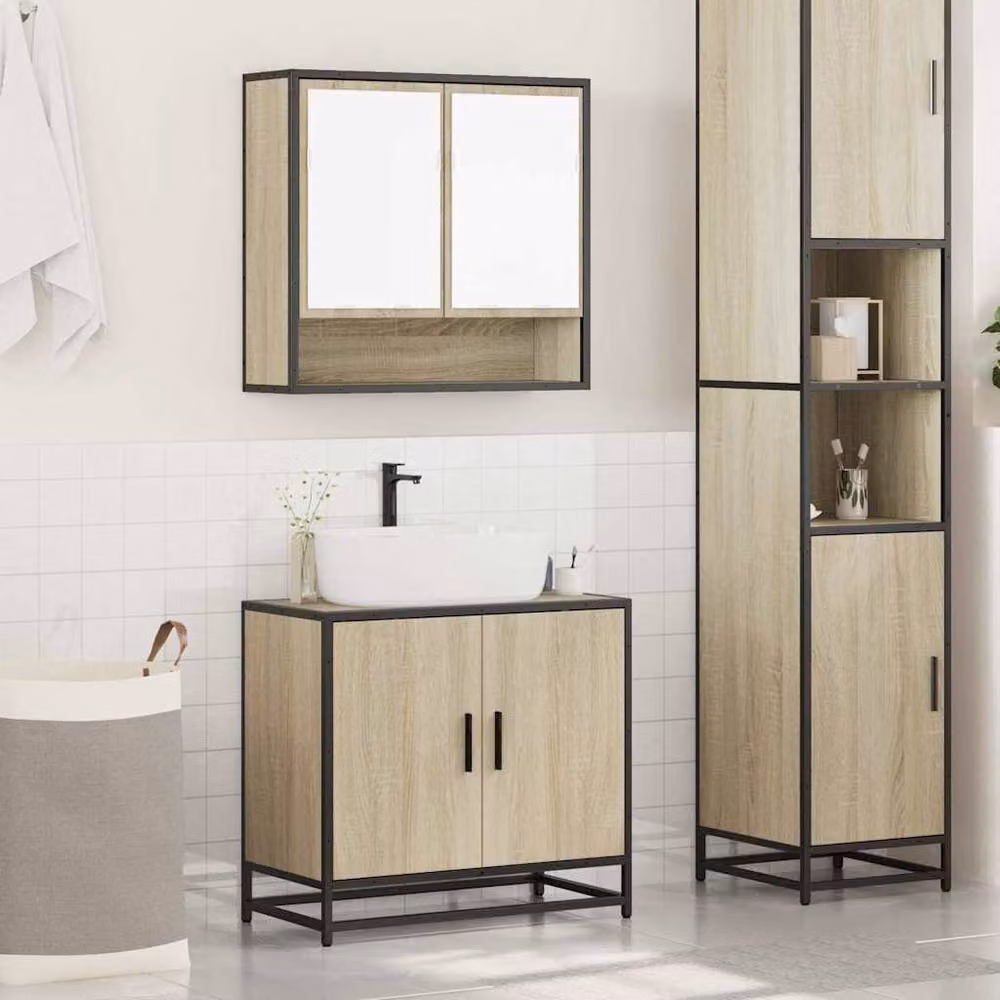 Berkfield Home 2 Piece Industrial Bathroom Furniture Set with Vanity Unit and Mirror Cabinet in Sonoma Oak Brown – 3