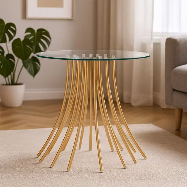 Orsina Modern Round Glass Top Side Table with Gold Metal Legs