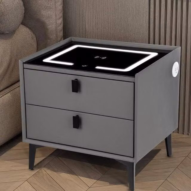 FLAVORA Modern Grey LED Bedside Nightstand with 2 Drawers and Wireless Charging, W: 100 cm x D: 100 cm – 1