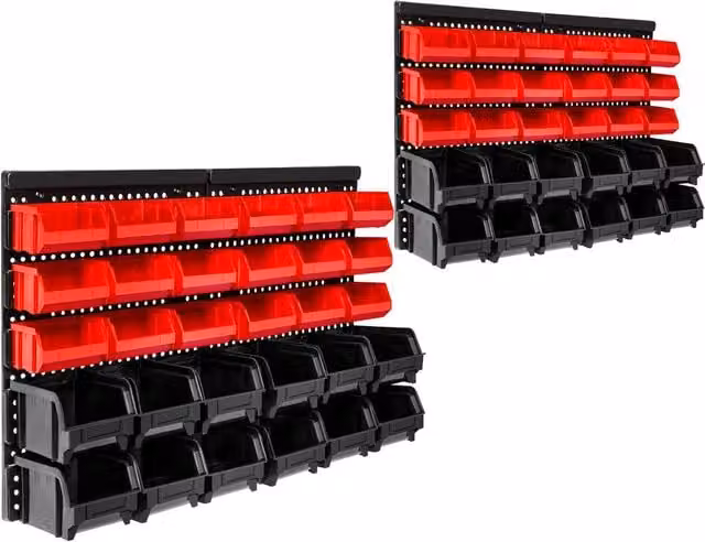 tectake 64 Piece Wall-Mounted Plastic Storage Organiser Set with 2 Pegboards and 62 Bins in Black and Red – 8