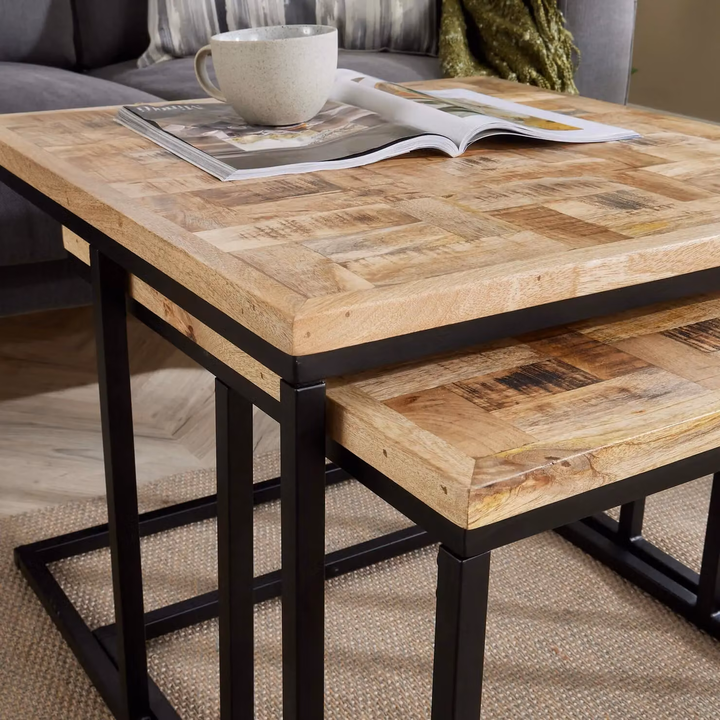 Home Source Nest of 2 Square Tables with Solid Mango Wood Tops and Iron Frames in Light Brown – 4