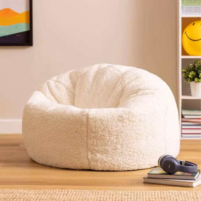 Icon Cuddle Cushion and Kingston Teddy Berber Classic Bean Bag in Natural Bouclé Fabric with Removable Cover