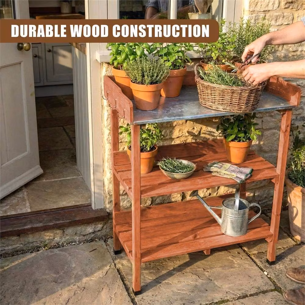 Nordara Brown Wooden Potting Bench with Metal Top and Shelves – 3