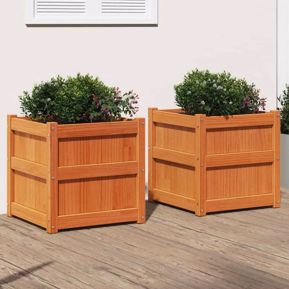 Berkfield Home Garden Wax Brown Solid Wood Pine Planter Tub, 2 Pack, W/D/H: 60 x 60 x 55.5 cm – 2