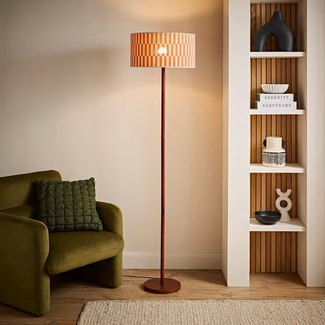 ValueLights Heather Dark Wood Floor Lamp with Multicolour Checkerboard Bamboo Shade