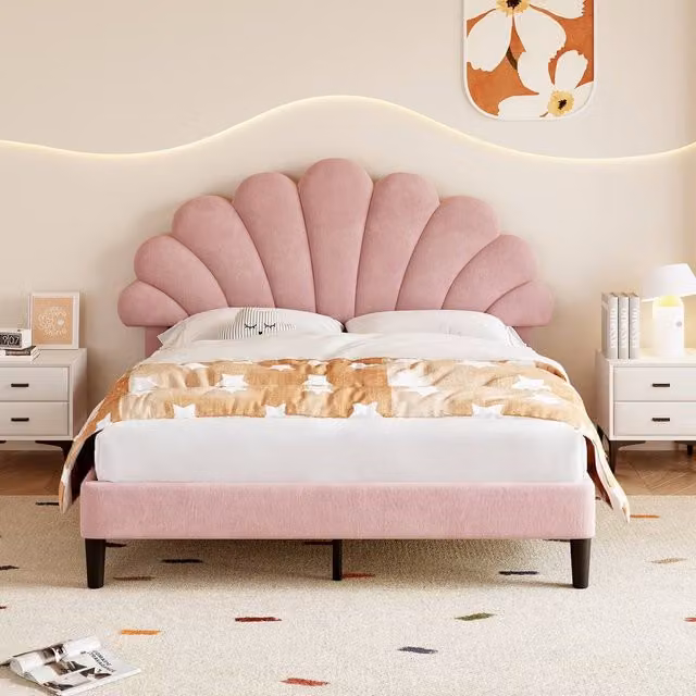 Merax Double Upholstered Velvet Bed with Chic Petal Headboard in Pink, W/D/H: 140 x 200 cm