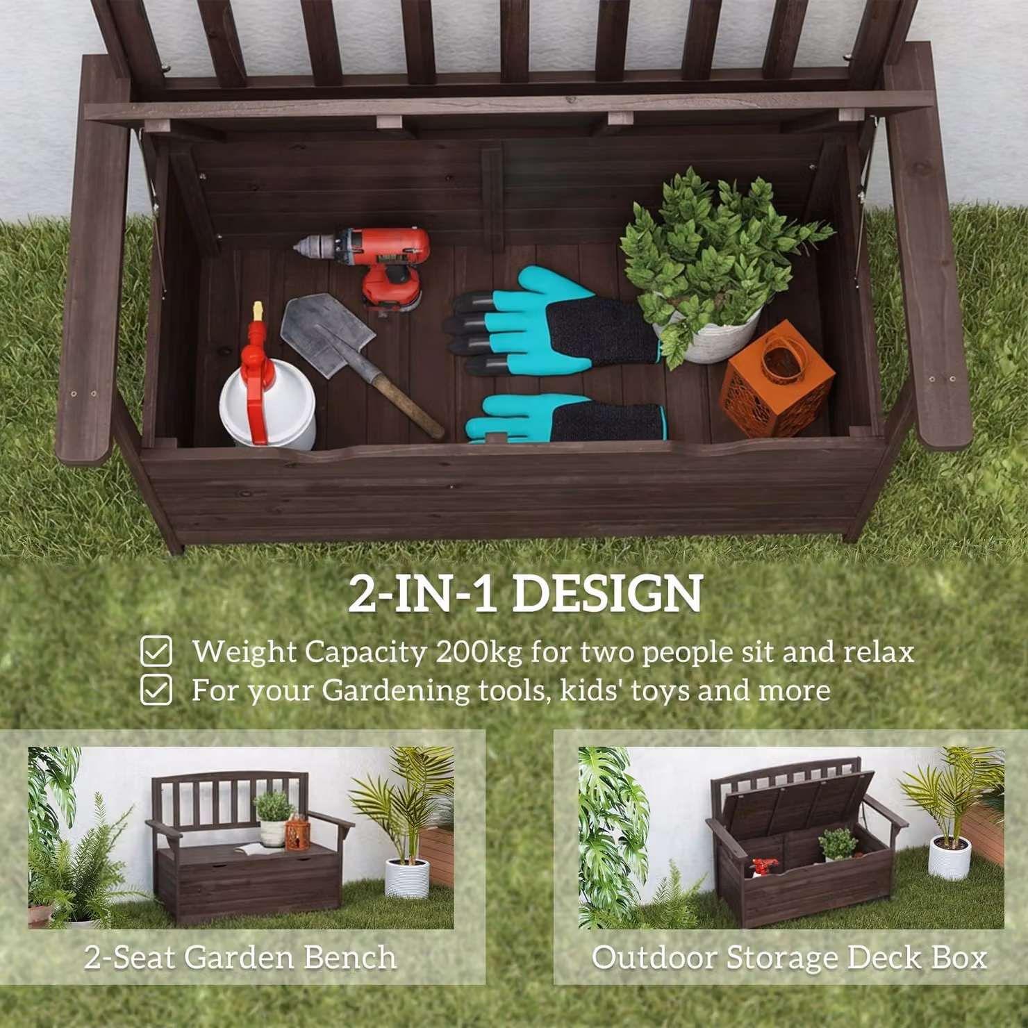 Outsunny 2 Seater Wooden Garden Bench with Storage and Armrests, Brown, W: 112 cm, D: 84 cm, H: 58 cm – 4