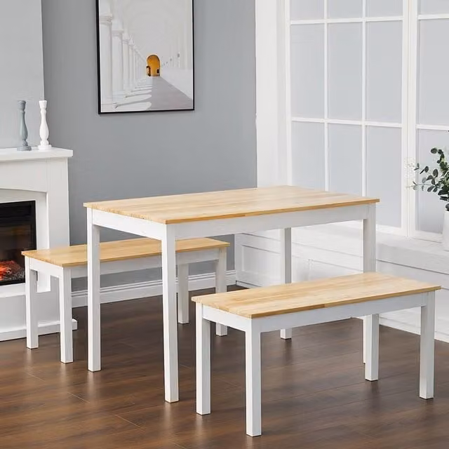 Livingandhome Industrial White Wood and Metal Rectangular Dining Table and 3 Stools Set