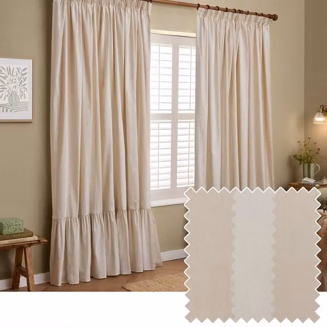 Wylder Birdie Stripe Fully Lined Ruffle Pencil Pleat Curtain Pair in Beige, Width: 229 cm, Drop: 183 cm