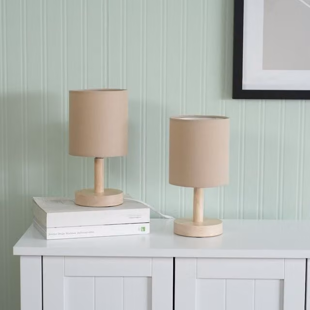 ValueLights Pair of Scandinavian Style Wooden Base Table Lamps with Beige Fabric Cylinder Shades and LED Bulbs – 1