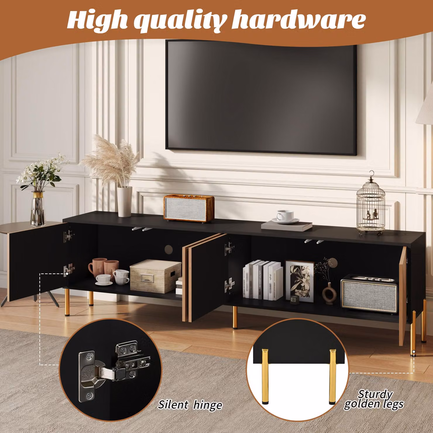 Aosom UK Modern Black and Wood TV Cabinet with 4-Door Concealed Storage, W/D/H: 179 x 35 x 53.5 cm – 4