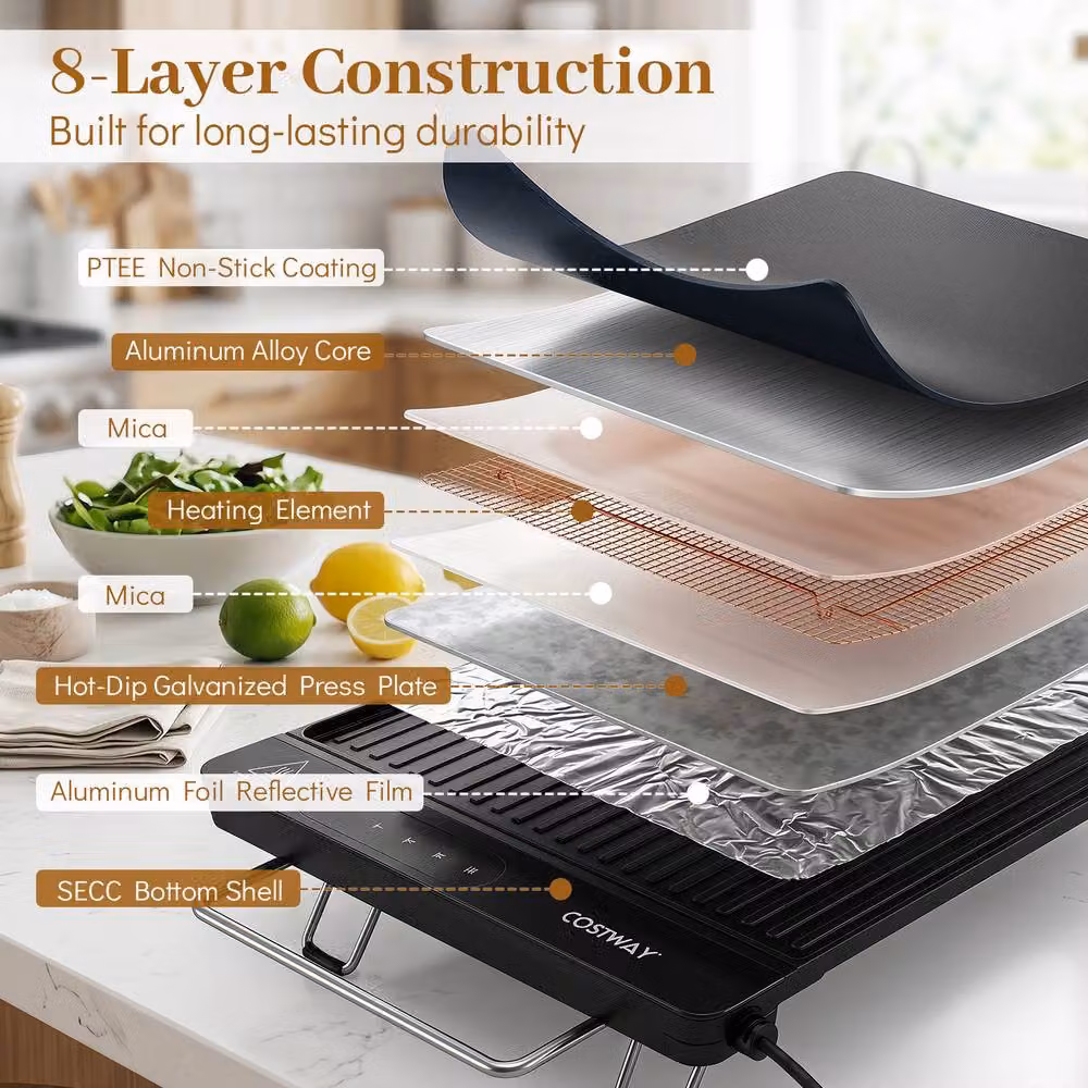 Costway 1300W Electric Grill with Removable Touch Panel and Nonstick Griddle Plate, Black – 6