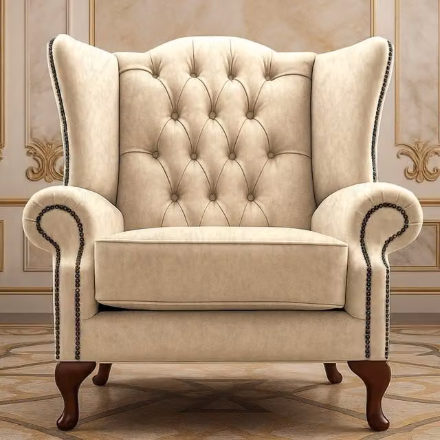 Somnior Beds Ltd Chesterfield Wingback High Chair in Beige and Yellow Abstract Velvet Fabric