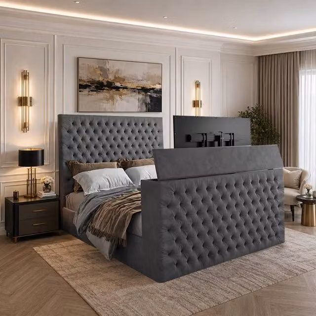 KDMD Ansford King Size Upholstered Soft Velvet TV Bed Frame in Grey