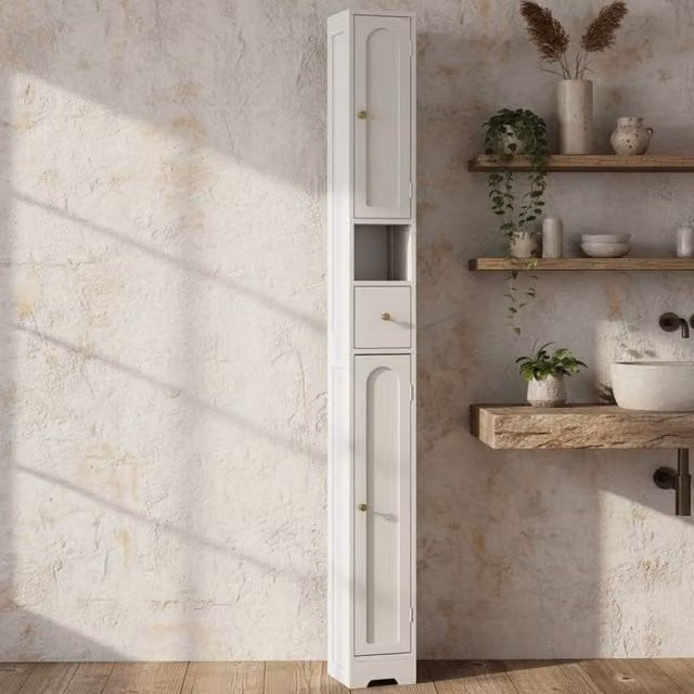 Wyld Haus White Modern Bathroom Storage Cabinet with Gold Details and Internal Shelves and Drawers, Height: 185 cm