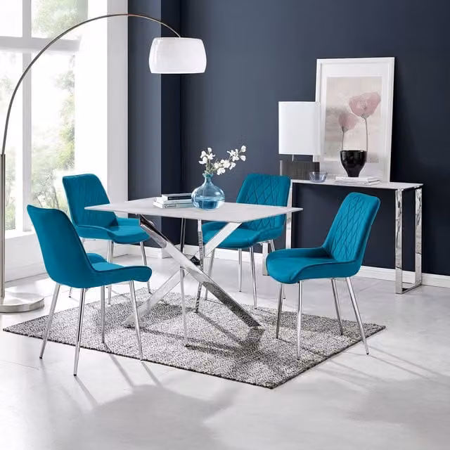 FurnitureboxUK Leonardo White Glass Marble Effect Table with 4 Blue Pesaro Chairs and Silver Legs