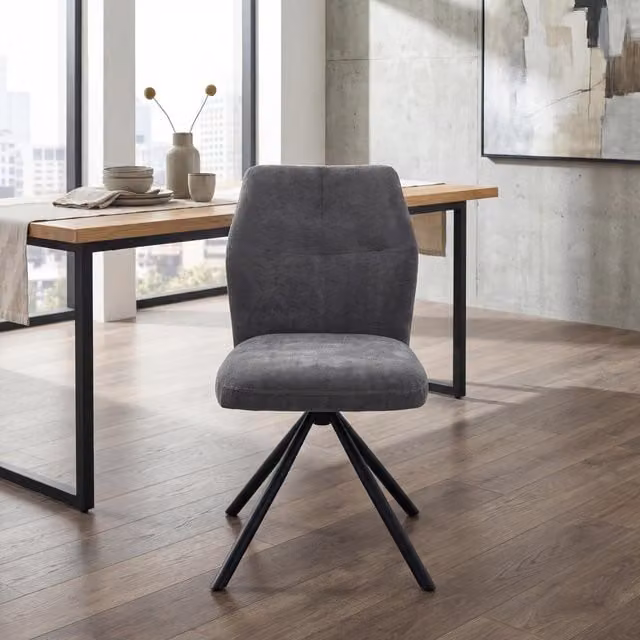 Shankar Modern Anthracite Grey Fabric Swivel Dining Chairs with Headrest and Metal Legs