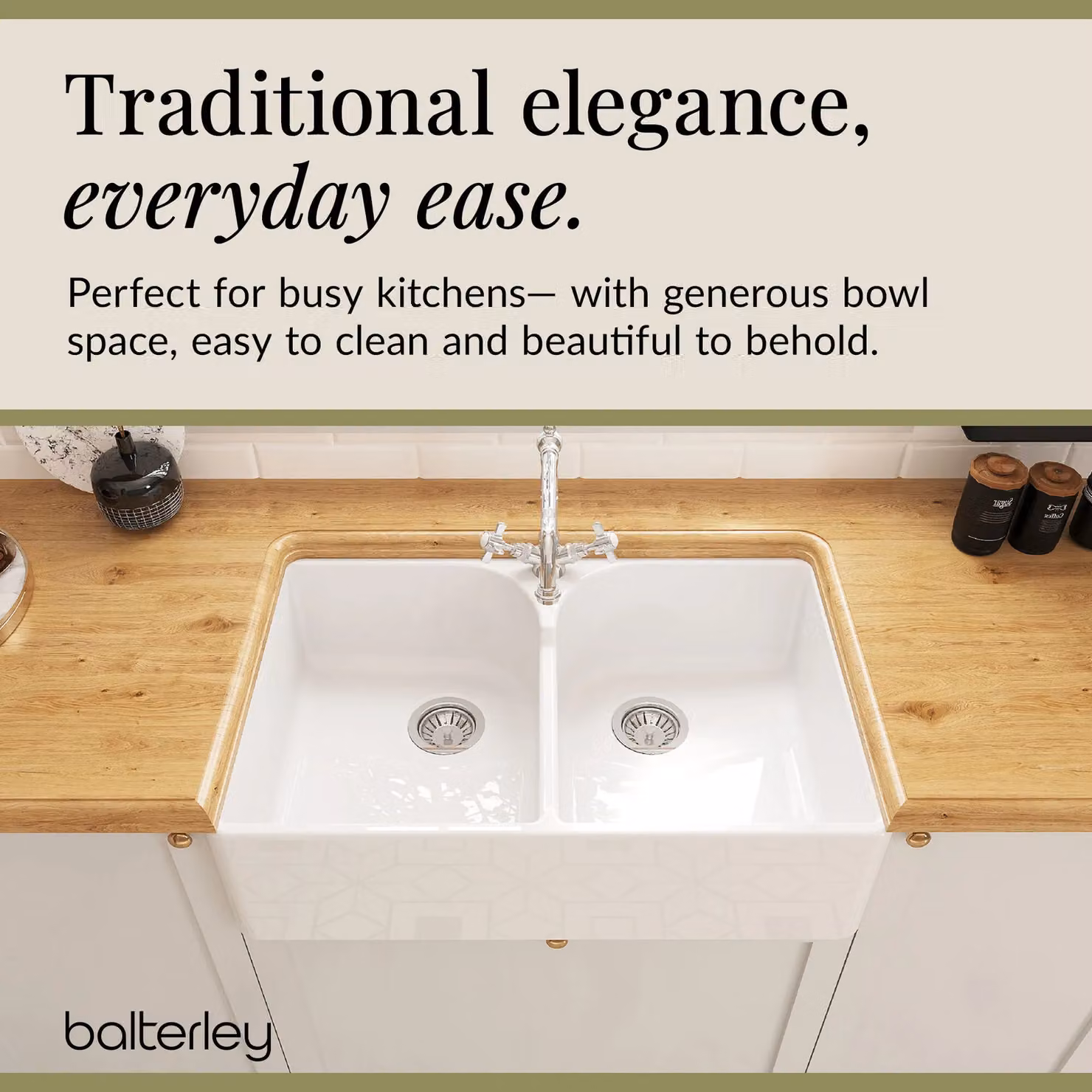 Balterley White Ceramic Fireclay 2 Bowl Stepped Weir Butler Sink with Tap and Waste, W: 79.5 cm – 2