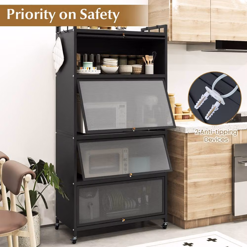 Gymax 5-Tier Rolling Kitchen Storage Cabinet and Microwave Stand with Hinged Doors in Black – 5