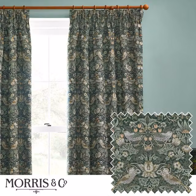 Morris & Co Strawberry Thief Jacquard Floral Room Darkening Pencil Pleat Curtain Pair in Green, Width: 168 cm, Drop: 229 cm – 1