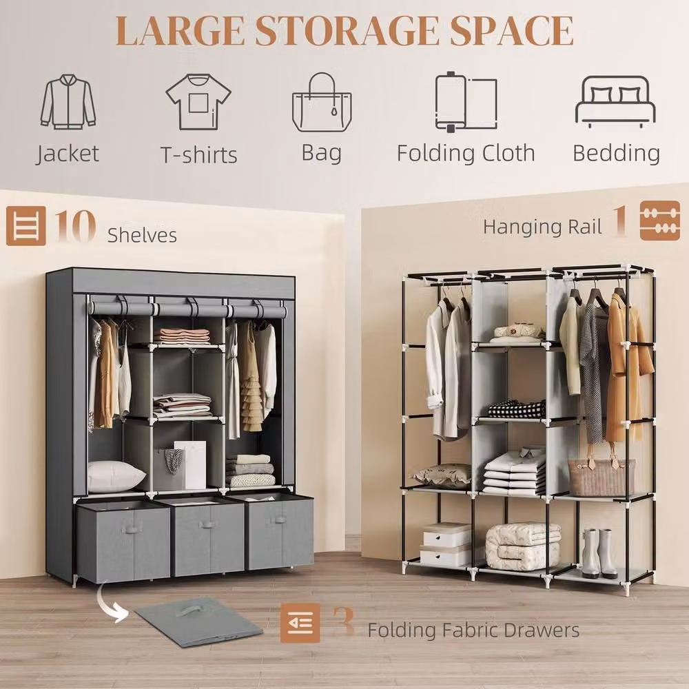 Kelvenix Light Grey Fabric Wardrobe with 5 Shelves and Roll Shutter Doors – 3