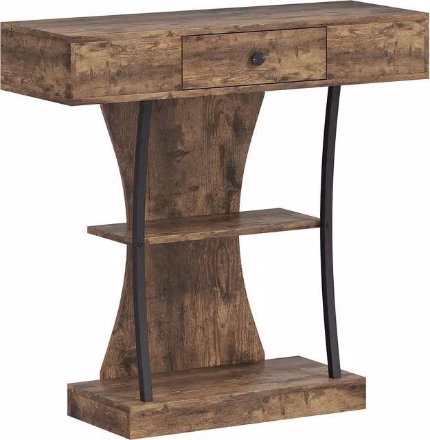 HOMCOM Industrial 3-Tier Console Table with Drawer and Storage Shelves, Rustic Brown, W: 91 cm, D: 32 cm, H: 87 cm – 1