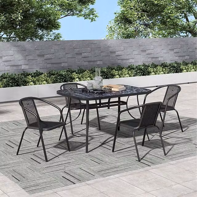 Breeins Black Rectangular Outdoor Tempered Glass Table with Set of 4 Chairs