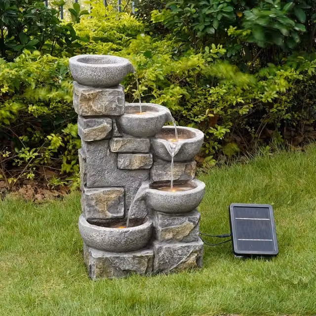 Teamson Home Solar Powered 4 Tier Round Cascade Water Fountain with LED Lights, Grey, W/D/H: 68.6 x 30.5 x 68.6 cm