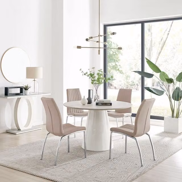 Furniturebox Palma Beige Stone Effect Round Dining Table and 4 Isco Chairs in Cappuccino