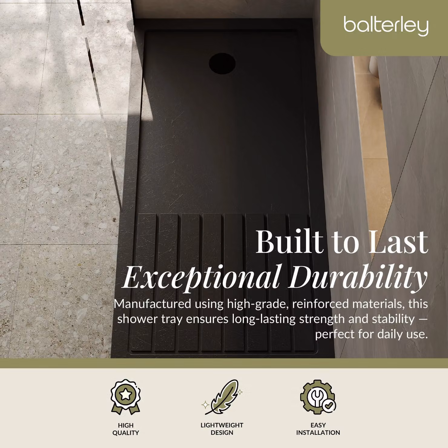 Balterley Premium Rectangular Walk In Shower Tray, Slate Grey, W: 1600 mm, D: 800 mm – 3